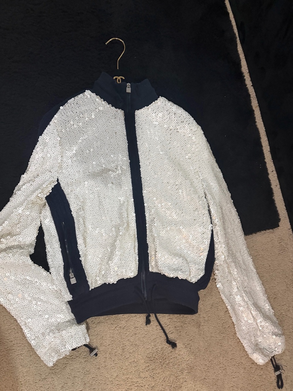 CHANEL 08C Sports White Sequin Track Jacket Black Trim Size FR 42 Vintage